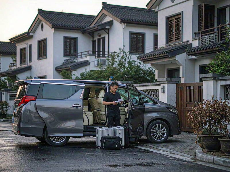 深灰色七座商务车停在小区门口，司机持单核对行程并装运行李