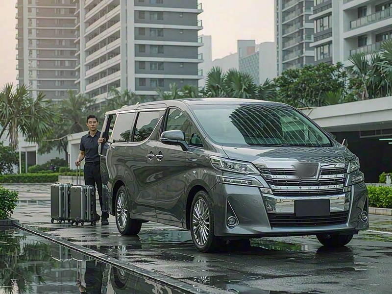 小区门口路边,一辆深灰色七座商务车等候客人上车,司机在车旁搬运行李